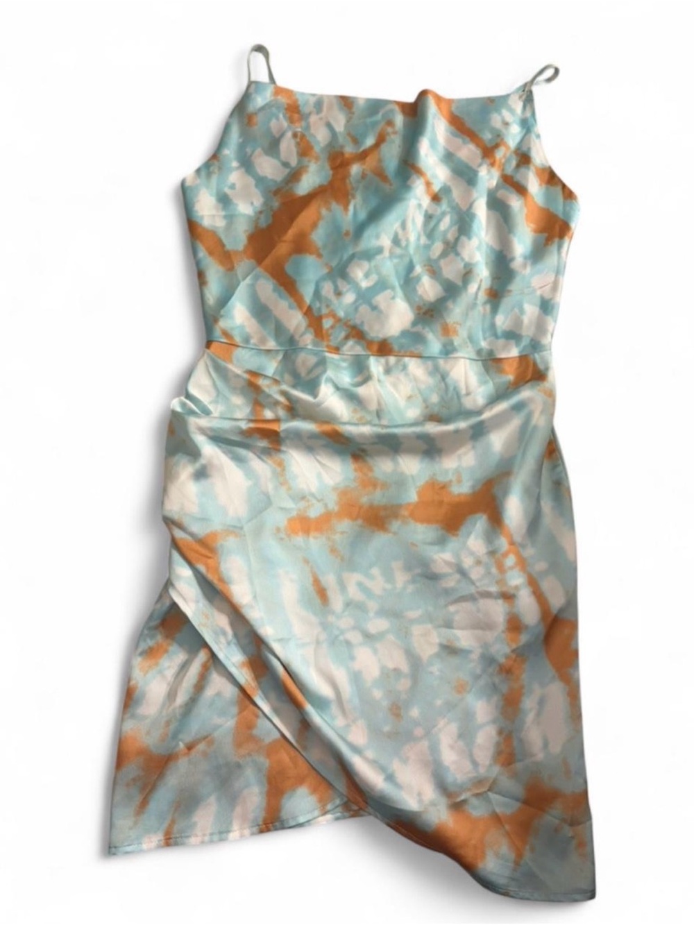 Simplee Apparel Blue and Rust Tie-Dye Satin Midi Slip Dress